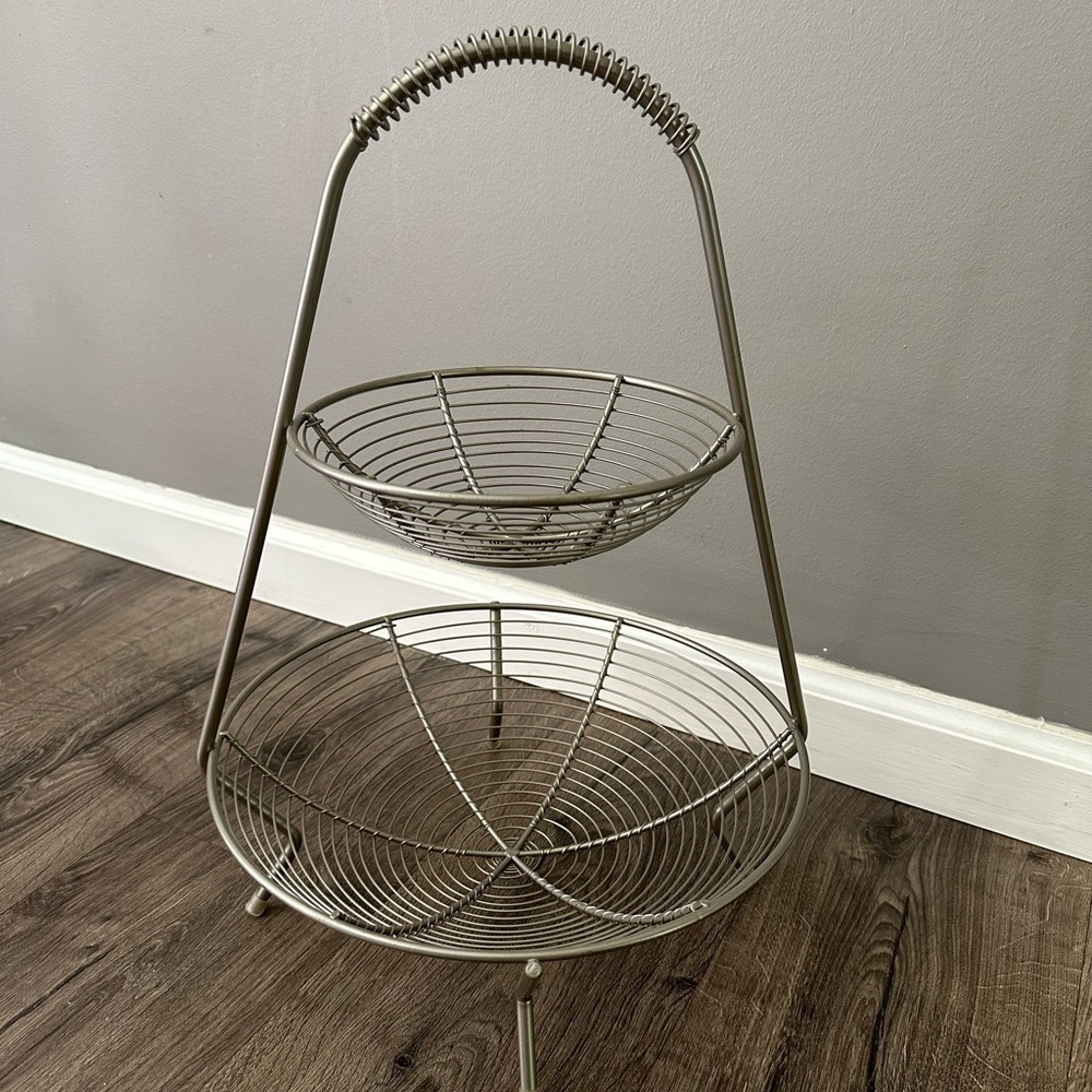 Two-Tier Silver Metal Fruit Basket